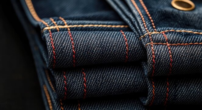 neatly folded indigo denim jeans with visible orange and red stitching and a metal rivet, close-up evoking craftsmanship and tidy order
