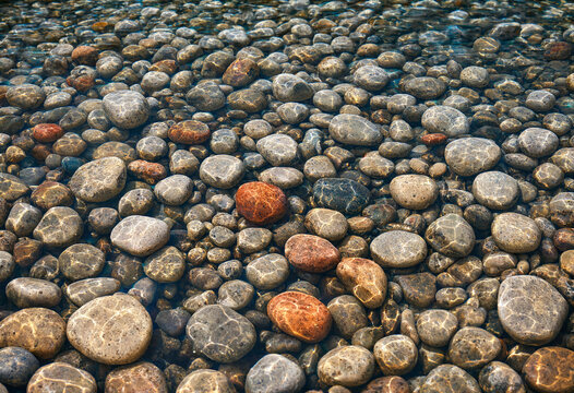 Many smooth rounded river stones and pebbles submerged in clear shallow water with light ripples reflecting on the surface of the natural stream