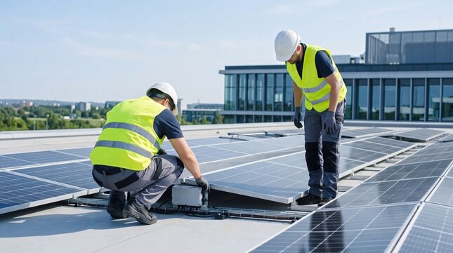 Two professional construction workers in safety vests installing photovoltaic solar panels on a commercial building rooftop under a clear blue sky for renewable energy