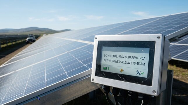 Solar panel monitor display showing voltage current and active power output data, photovoltaic energy generation system, renewable electricity production