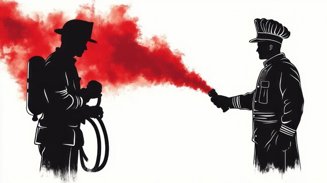 silhouetted firefighter with breathing apparatus and hose facing a uniformed officer spraying red smoke in a tense confrontational standoff