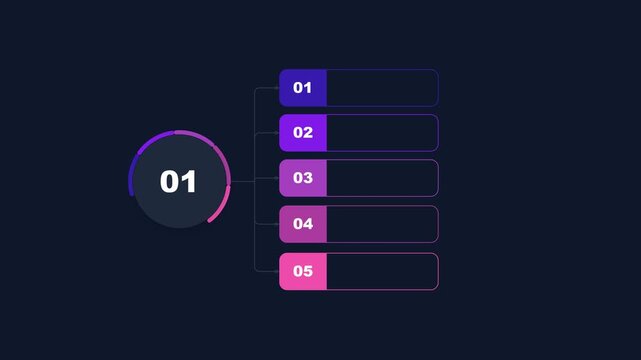 Infographic list chart with five numbered steps and neon gradient design elements