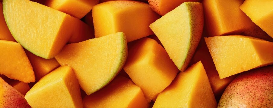 Ultra wide macro of juicy mango cubes and slices, showing glossy, vibrant tropical colors. Soft lighting enhances the fruit's fresh texture and organic volume.