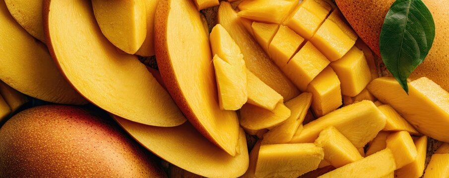 An ultra wide macro shot of ripe mango halves and cubes showcases vivid golden flesh and juicy texture. Glossy, fresh slices form a geometric pattern in premium food photography.