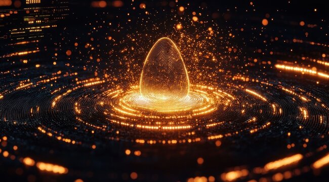 glowing golden particle ellipsoid rising from rippling concentric rings of light, evoking futuristic wonder and energy