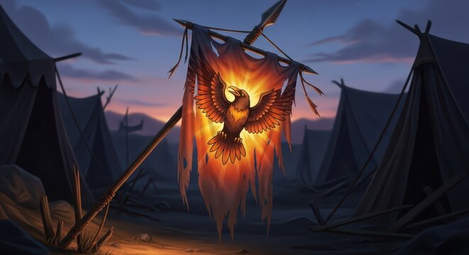 Tattered Banner Depicting a Fiery Raven Over a Dusk Camp