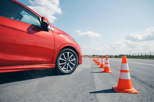 A red car performing a driving test maneuver with orange traffic cones on an asphalt track