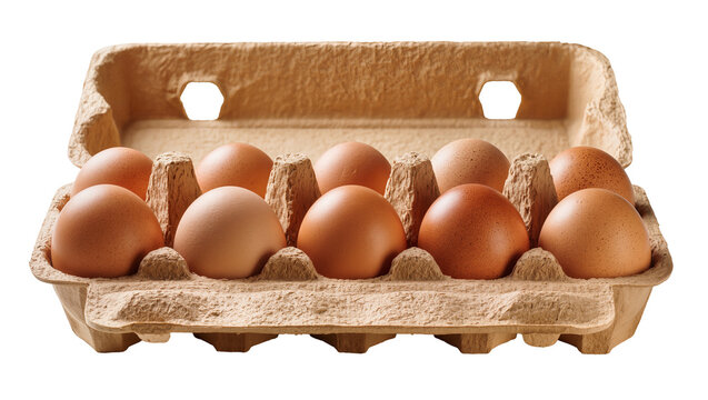 Isolated brown eggs in an open cardboard carton, a full dozen fresh farm food for cooking