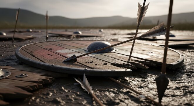 Shattered Wooden Viking Shield Fragments with Arrows in a Desolate Battlefield
