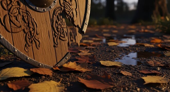 Shattered Wooden Viking Shield Corner with Carvings on Autumn Ground