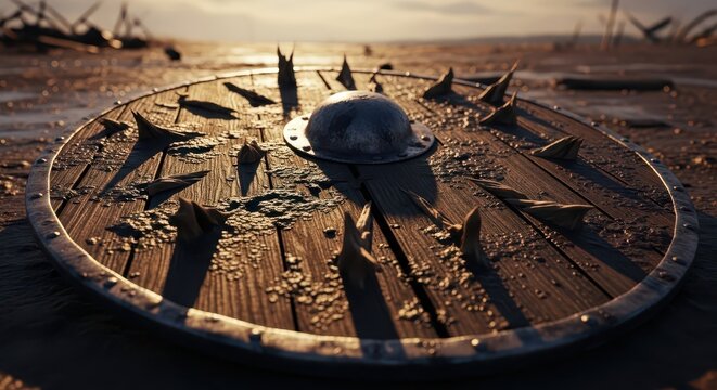 Shattered Wooden Viking Shield with Metal Spikes and Center Boss, Battle-Worn and Splintered