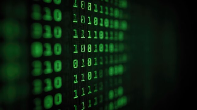 Glowing green binary code cascades vertically in sharp, layered streams. This cinematic digital rain creates a futuristic cyber atmosphere with deep neon clarity.