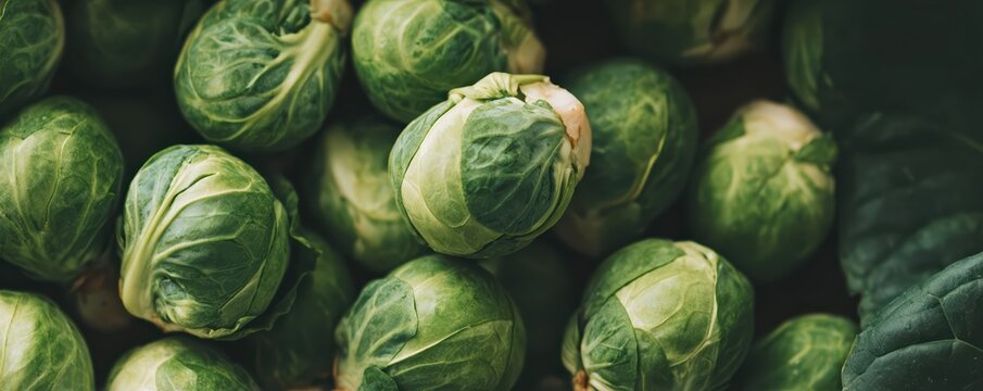 A panoramic close-up of densely packed brussels sprouts with rich green tones. The detailed leaf texture and soft lighting emphasize freshness and organic quality.