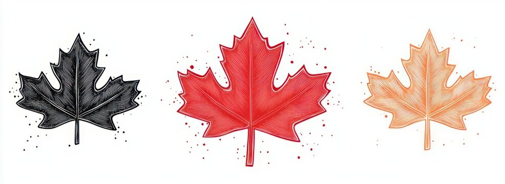 Three hand-drawn maple leaves in black, red, and orange with ink splatters and sketchy lines, playful artistic autumn mood