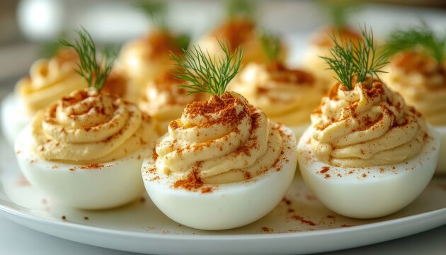 Creamy deviled egg halves piped with seasoned yolk filling, dusted with paprika and topped with fresh dill, appetizing festive appetizer on a white plate