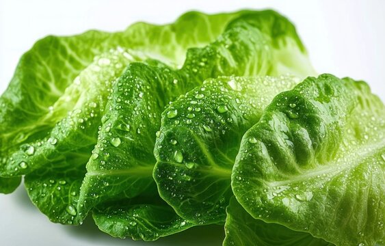 Close-up of fresh crisp green lettuce leaves with water droplets on a white background, vibrant dewy texture conveying clean natural freshness