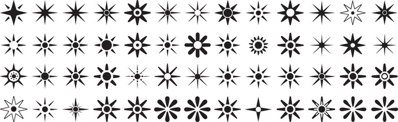 Sparkle star icon set of shining light flares and sun burst symbols for decoration effect blinking glitter magic glow elements in black silhouette style isolated on transparent vector grid. © Nargis