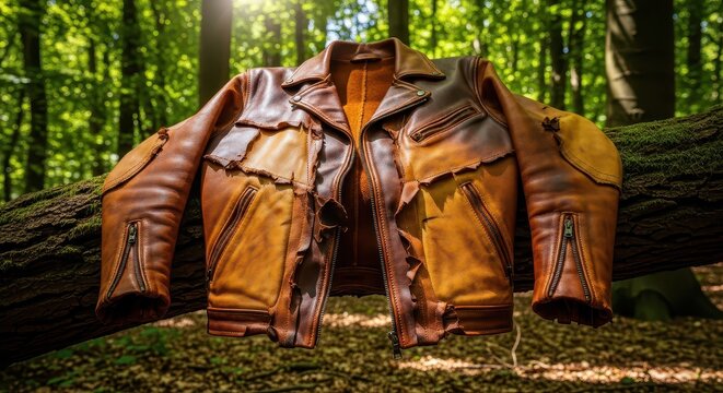 Singed Leather Jerkin Jacket Outdoors in Forest Sunlight