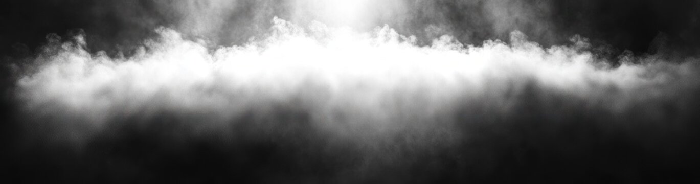 panoramic band of backlit clouds and mist with a dramatic beam of light breaking through, moody ethereal atmosphere