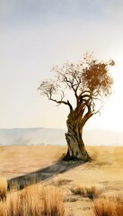 Naklejka premium Ancient Tree Stands Resilient Amidst Golden Grasslands Serene Landscape Stock Illustration
