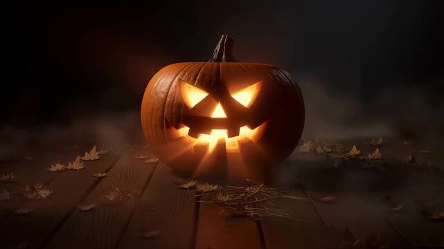 Glowing Jack-o'-lantern on Wooden Floor with Foggy Background