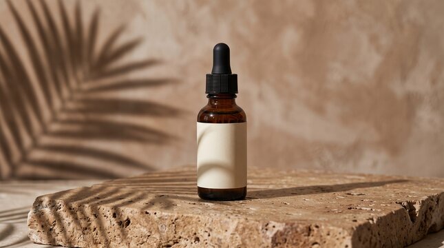 Serum mockup in a dropper bottle on a stone surface with palm shadow