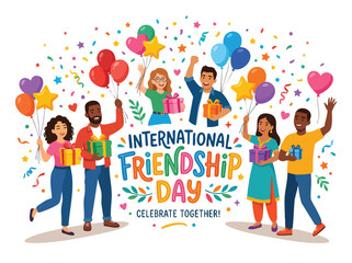 Fototapeta premium Diverse group of friends celebrating International Friendship Day with gifts and colorful decorations