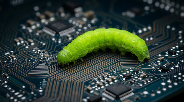 Vibrant Green Caterpillar Moving Across a Microchip Circuit Board Digital Nature Concept