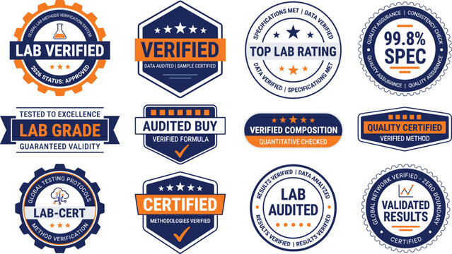 Lab verified certification badges tested quality assurance validated results excellence audit guarantee vector illustration blue orange design