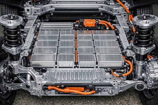 Image of an electric vehicle with a rear-mounted battery pack, useful for transportation and environmental themes