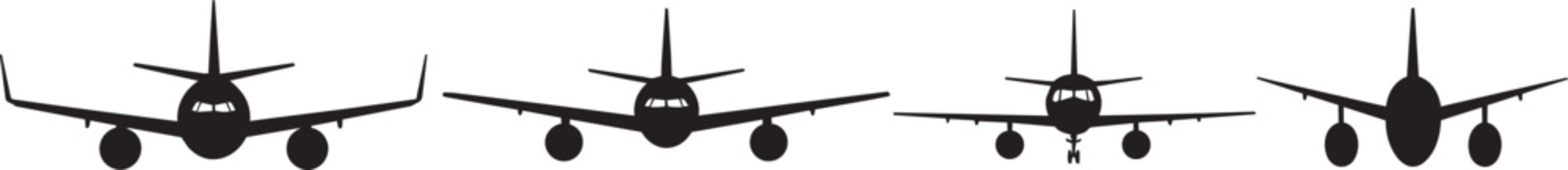 Set of black aircraft silhouette icons for aviation transport design isolated on white featuring passenger jets with various engine and wing configurations for commercial travel projects vector.