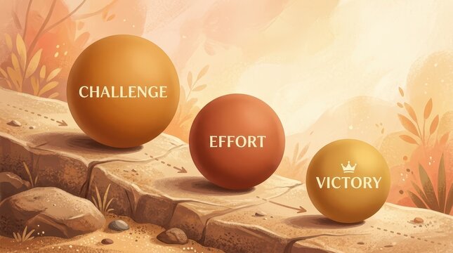 Three Spheres Illustrating the Path from Challenge to Victory Through Effort