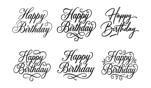 Set of six elaborate happy birthday calligraphy labels and emblems with birthday