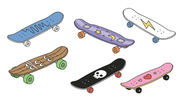 Selection of isometric skateboard decks featuring varied designs including stars, lightning bolts, and skulls for youth and street culture.