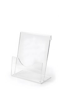 Empty clear acrylic brochure holder stand for countertop display on white background surface