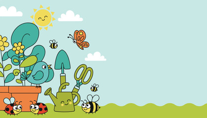 Fototapeta premium Friendly garden scene illustration featuring potted flowers, a cute blue bird, gardening tools, and insects like bees and butterflies.