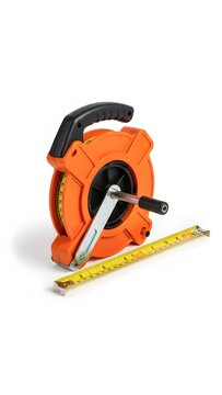 Heavy duty orange open reel measuring tape with crank handle for construction site work