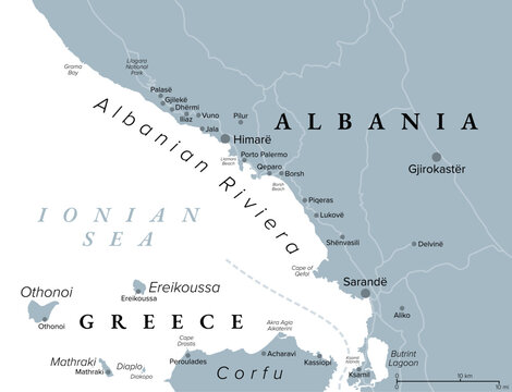 Albanian Riviera, known as Bregu, gray political map. Coastline along north-eastern Ionian Sea, and a section of Albanian Ionian Sea Coast, dotted with villages, town Himare, and city Sarande. Vector