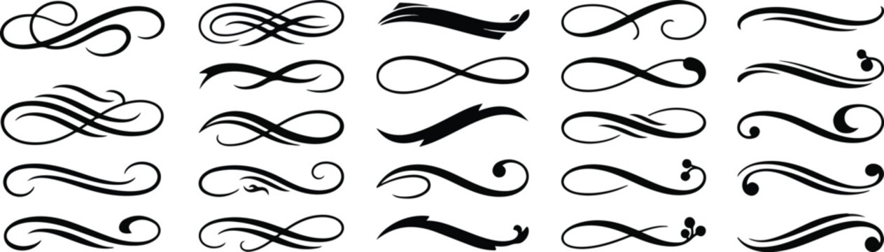 Elegant text tails swoosh Vector, calligraphy swirls for logo design, decoration. Varied thickness, curvature. Simple to complex shapes.