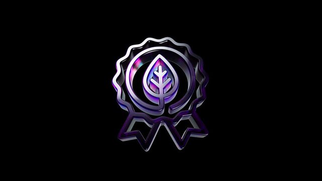 Shiny metallic badge with a leaf symbol for eco friendly and sustainable product certification 3D Icon