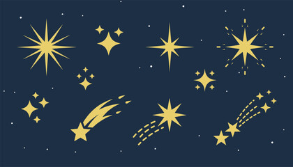 Fototapeta premium Set of golden star and shooting star icons designed in a celestial style on a dark blue background representing night sky and space.