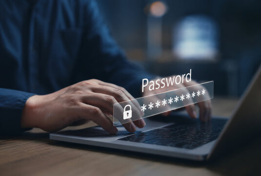 Businessman using laptop computer password cyber security identity theft and cloud network system application information privacy internet online protection.