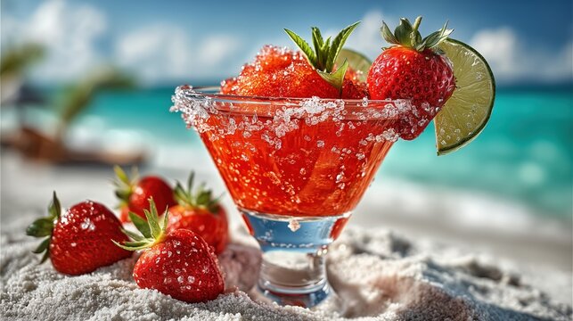 Luxury tropical cocktail  Strawberry Daiquiri  on beach