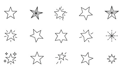 Fototapeta premium Collection of various star shapes and styles including outline, dotted, and shining star icons for decorative and design purposes.