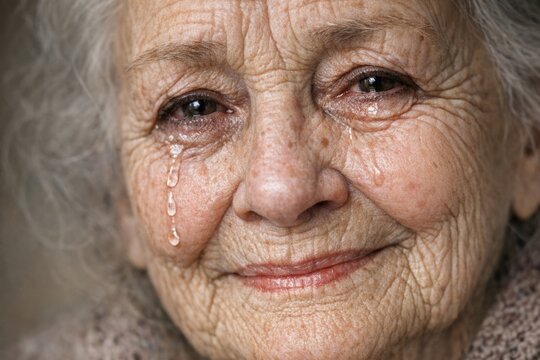 A close-up shot of an elderly woman with tears streaming down her face, evoking emotions and empathy