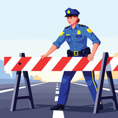Fototapeta premium Officer at road barrier, directing traffic on highway at dusk