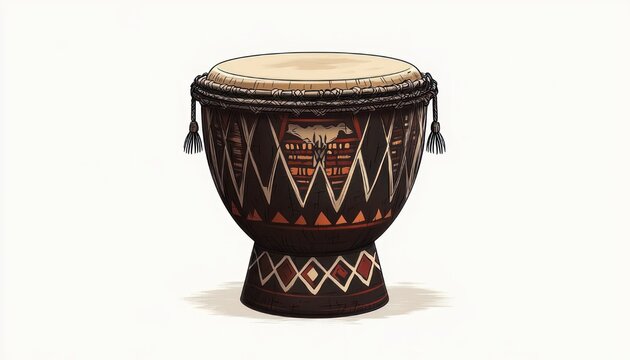 Carved wooden goblet drum with taut leather head, braided rope tuning and tassels, decorated with red and white geometric tribal patterns, isolated on white, warm rhythmic energy