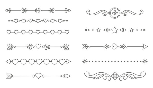Diverse selection of decorative line art dividers and borders featuring hearts, stars, leaves, and arrows for framing and text separation.