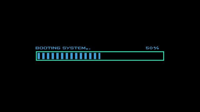 Retro pixel art booting system loading bar animation computer startup progress bar boot sequence percentage indicator 8 bit tech UI retro interface 4K motion graphics