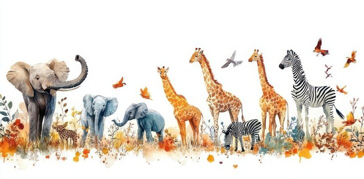Peaceful watercolor herd of elephants with calves, tall giraffes, zebras and flying birds among orange wildflowers on a sunlit grassland